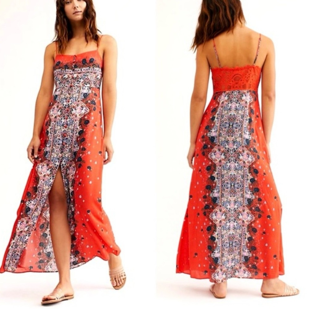 Free People Morning Song Printed Maxi Slip Dress Spaghetti Straps Boho SZ S EUC